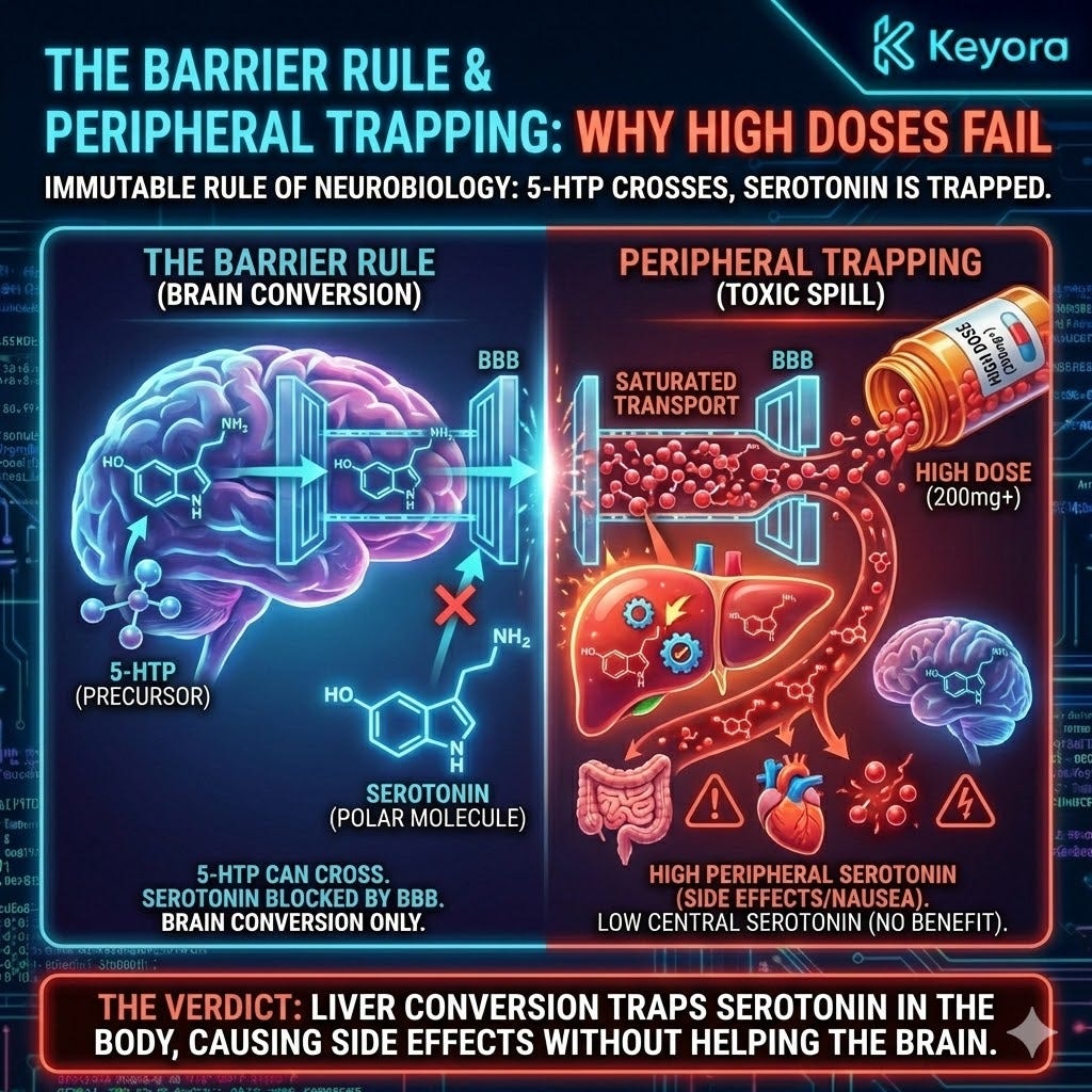 The Barrier Rule dictates that Peripheral Trapping converts 5-HTP to Serotonin, which is blocked by the BBB, causing a Neuro-Endocrine Storm and loss of Sovereignty. The Barrier Rule dictates that Peripheral Trapping converts 5-HTP to Serotonin, which is blocked by the BBB, causing a Neuro-Endocrine Storm and loss of Sovereignty.