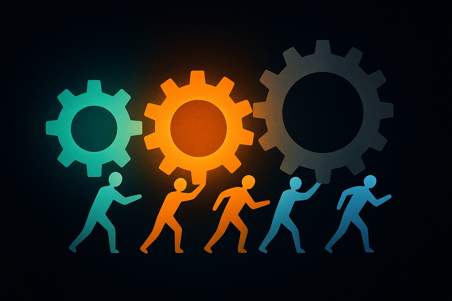 Minimal silhouettes push three interlocked gears (teal, orange, dark grey) across a dark backdrop.