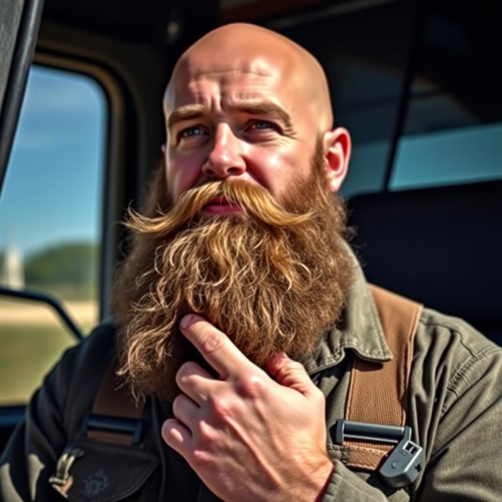 A trucker, bald and with a huge beard, stroking his chin in thought.