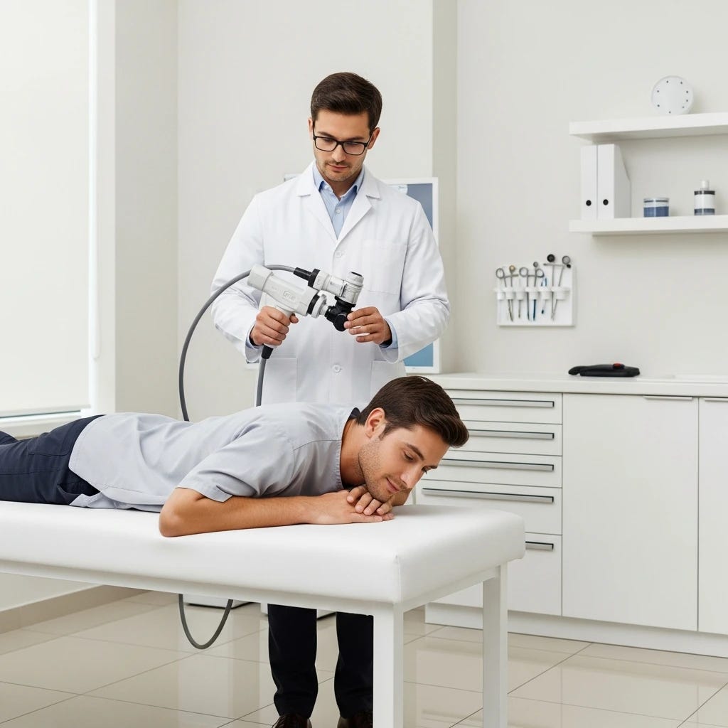 Man laying down on stomach at clinic with his doctor behind him with tubular camera