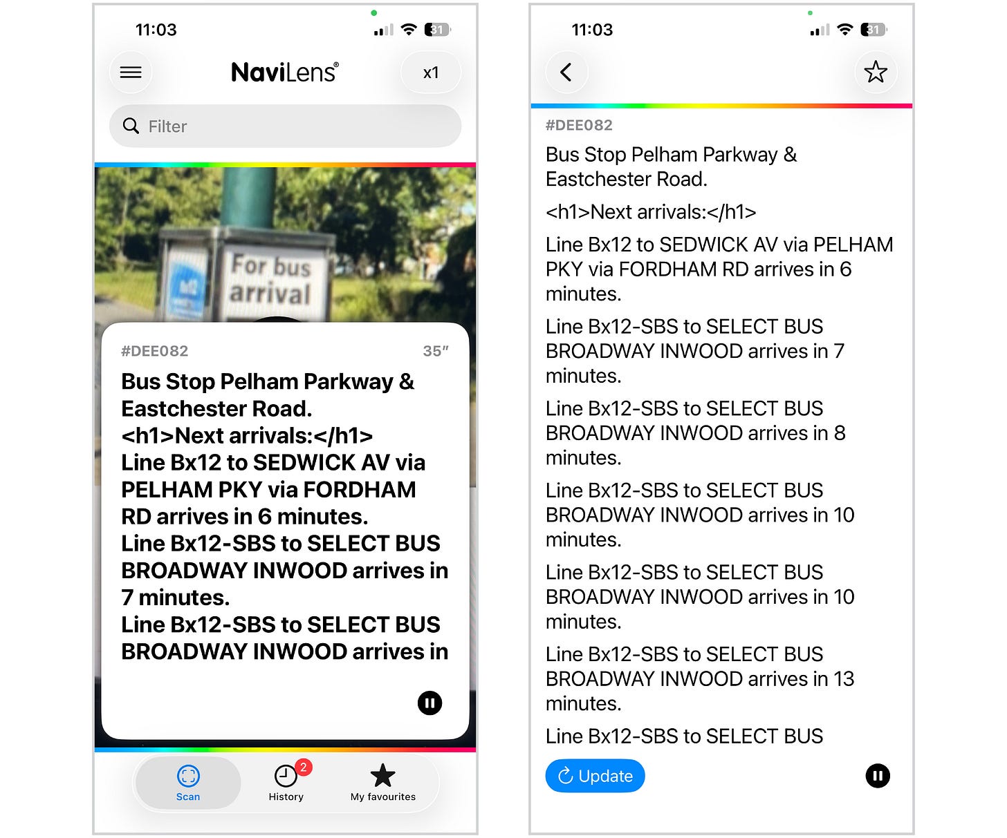 Screenshots of Navilens app showing arrivals data for an MTA bus stop. Screenshots of Navilens app showing arrivals data for an MTA bus stop.