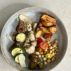 Herbed chicken skewers plate with chickpea salad & roasted potatoes