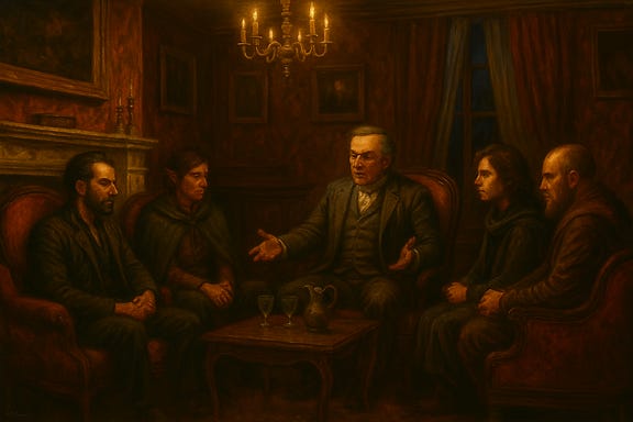 A richly detailed oil painting of the parlor in the Vallakovich mansion, set during a tense conversation between the Baron and five adventurers. The parlor is dimly lit by a flickering chandelier and wall sconces, casting long shadows across velvet drapes and faded wallpaper. The furniture is ornate but worn—gilded chairs, a cracked marble hearth, and a threadbare rug with sunburst motifs. Baron Vallakovich stands near the fireplace, dressed in a brocade waistcoat and gloves, gesturing theatrically with one hand. His expression is a mix of suspicion and forced cheer. Facing him are five distinct figures: Fleetwood, a tall man in a long coat with a skeptical expression; Clarion, poised and diplomatic, with a hand resting on her hip; Greegan, a wiry human rogue in dark leathers, one hand near a hidden dagger, eyes scanning the room; Felonious, relaxed but sharp-eyed, holding a leather-bound tome; and Silverleaf, calm and intense, her gaze fixed on the Baron. The mood is tense, with candlelight catching on polished wood and the glint of the signet ring in Felonious’s hand.