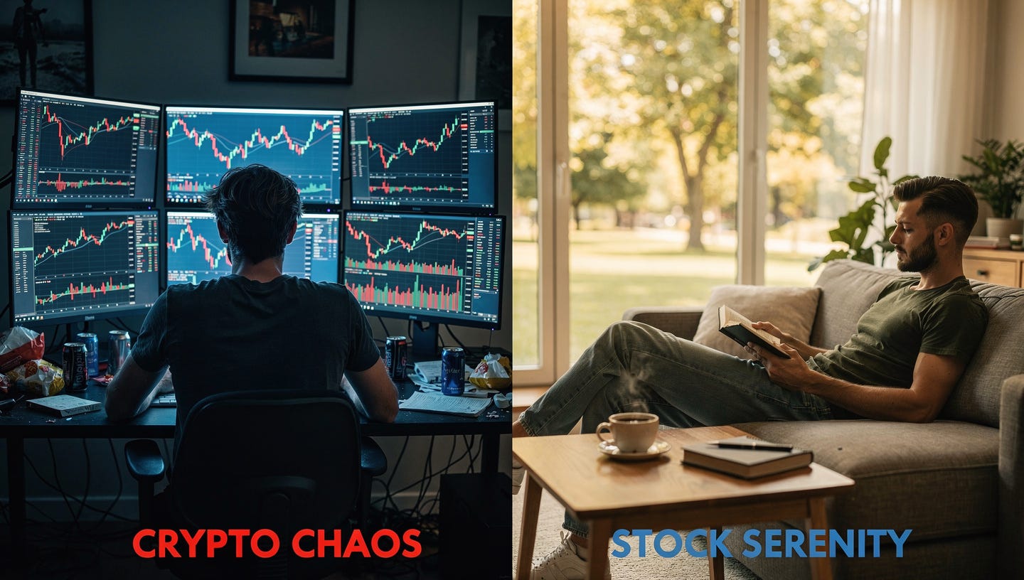 A photorealistic split-screen diptych photograph comparing two lifestyles. On the left side, titled "CRYPTO CHAOS" in subtle red text: A claustrophobic, dimly lit room at 3:00 AM. An exhausted young man with dark circles under his eyes, unshaven, is hunched over a cluttered desk with four monitors displaying volatile, jagged red and green crypto charts. Empty energy drink cans and fast food wrappers are everywhere. The only light is the harsh blue glow of the screens reflecting on his stressed face. On the right side, titled "STOCK SERENITY" in subtle blue text: A calm, bright, sunlit living room. The same man, looking healthy, relaxed, and well-rested, is sitting comfortably on a sofa reading a physical book, with a cup of coffee on a table. Large windows show a peaceful green park outside. No screens are visible. The contrast between high stress and peaceful living is palpable. 8k resolution, cinematic lighting. --ar 16:9 A photorealistic split-screen diptych photograph comparing two lifestyles. On the left side, titled "CRYPTO CHAOS" in subtle red text: A claustrophobic, dimly lit room at 3:00 AM. An exhausted young man with dark circles under his eyes, unshaven, is hunched over a cluttered desk with four monitors displaying volatile, jagged red and green crypto charts. Empty energy drink cans and fast food wrappers are everywhere. The only light is the harsh blue glow of the screens reflecting on his stressed face. On the right side, titled "STOCK SERENITY" in subtle blue text: A calm, bright, sunlit living room. The same man, looking healthy, relaxed, and well-rested, is sitting comfortably on a sofa reading a physical book, with a cup of coffee on a table. Large windows show a peaceful green park outside. No screens are visible. The contrast between high stress and peaceful living is palpable. 8k resolution, cinematic lighting. --ar 16:9