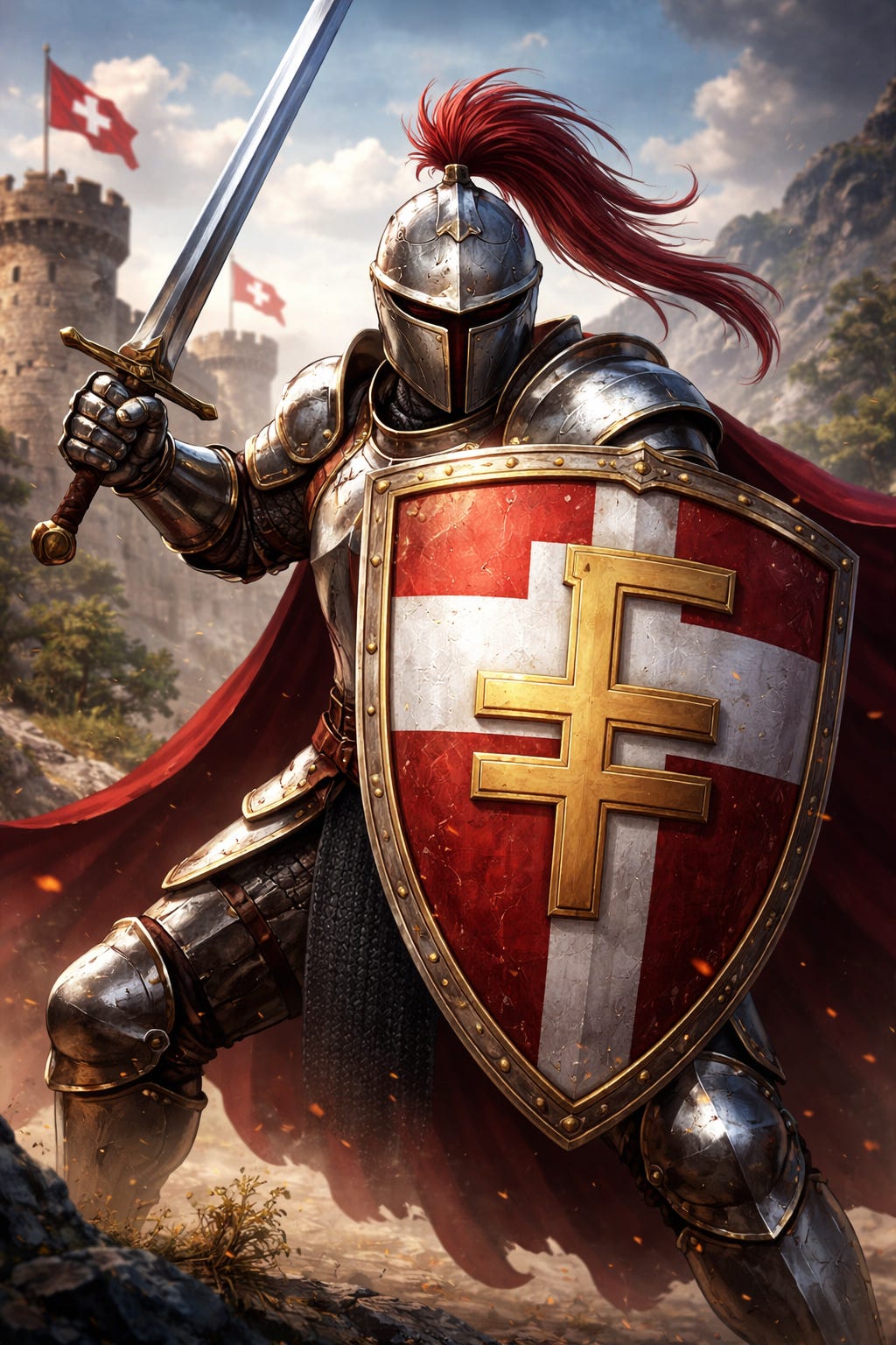 Knight with CHF shield at castle
