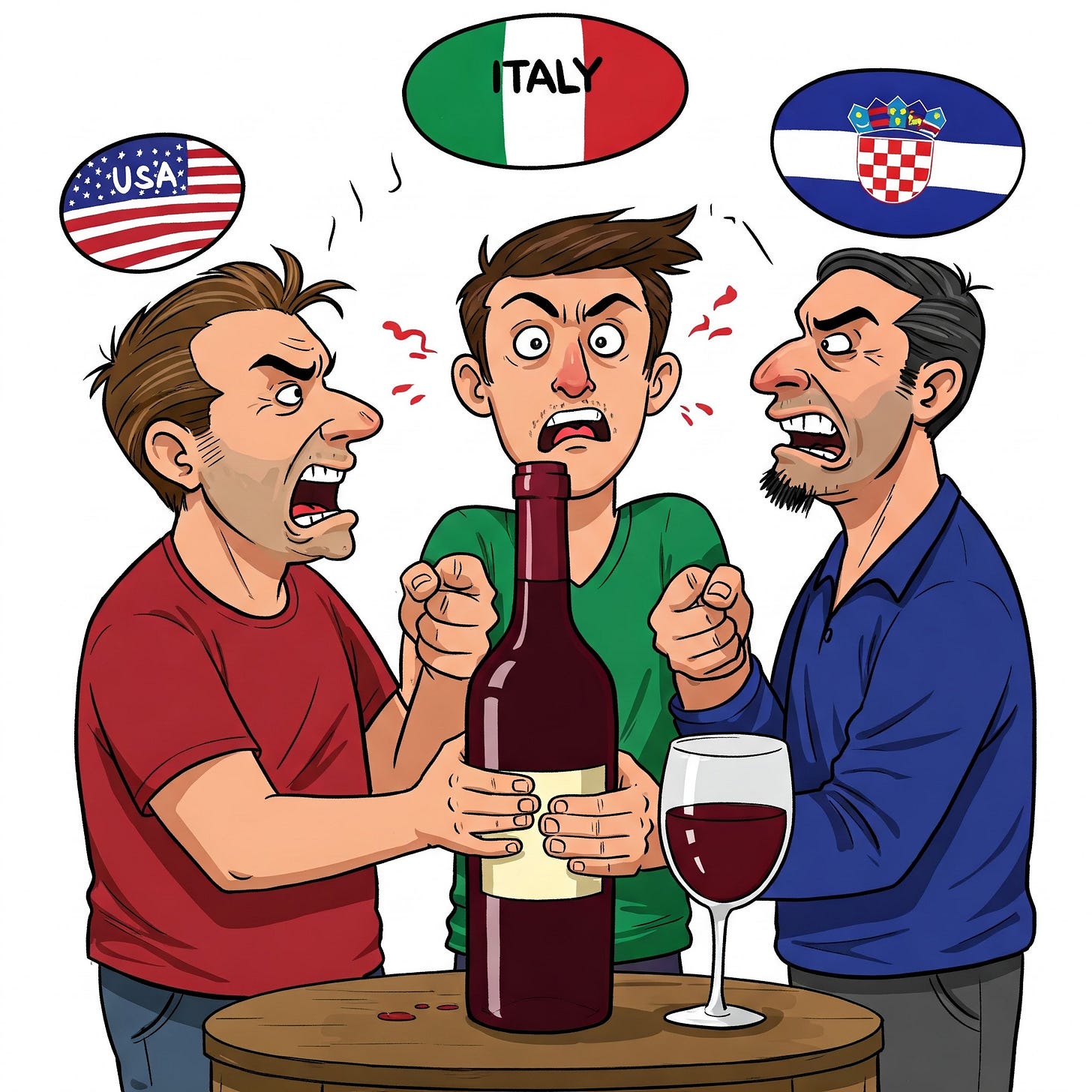 Three men, one lablled USA, one labelled Italy, and one labelled Croatia shouting at each orther  arounf a bottle oof red wine
