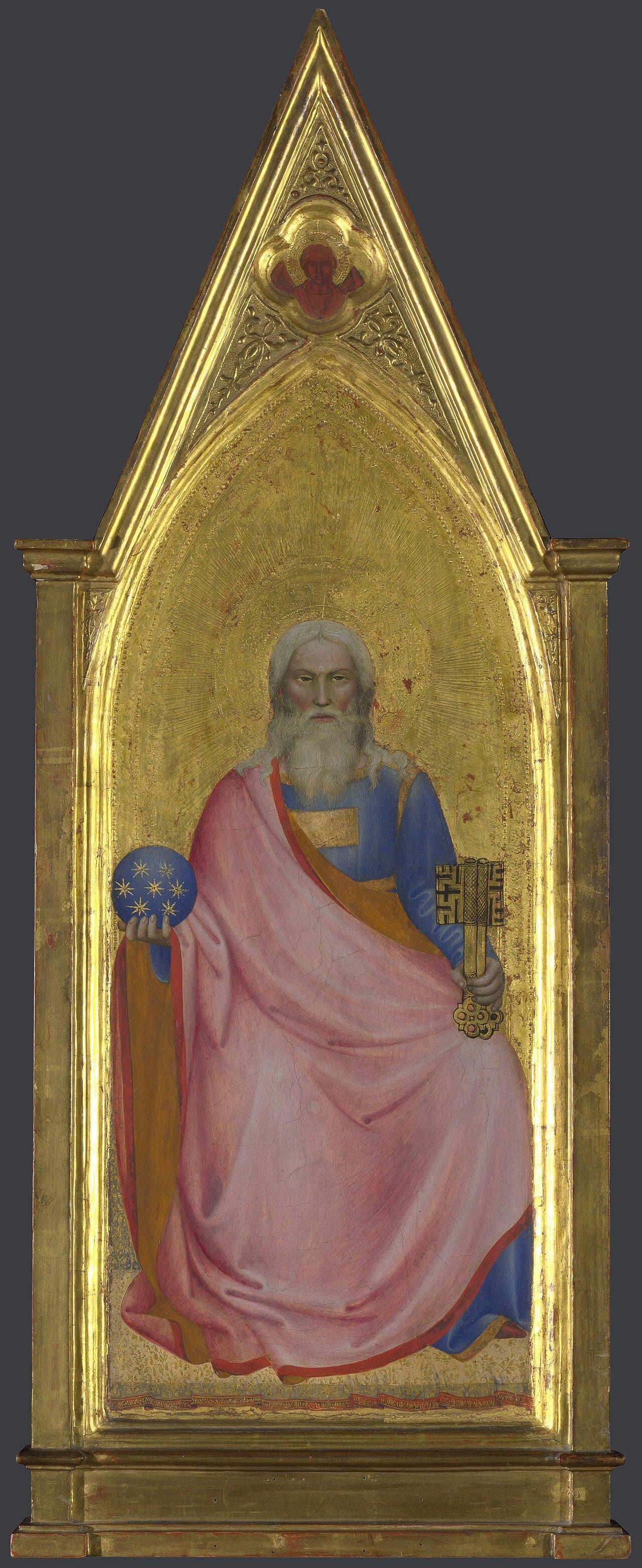 The Apocalyptic Christ by Giovanni da Milano: a white haired Christ holds a blue orb and a pair of keys The Apocalyptic Christ by Giovanni da Milano: a white haired Christ holds a blue orb and a pair of keys