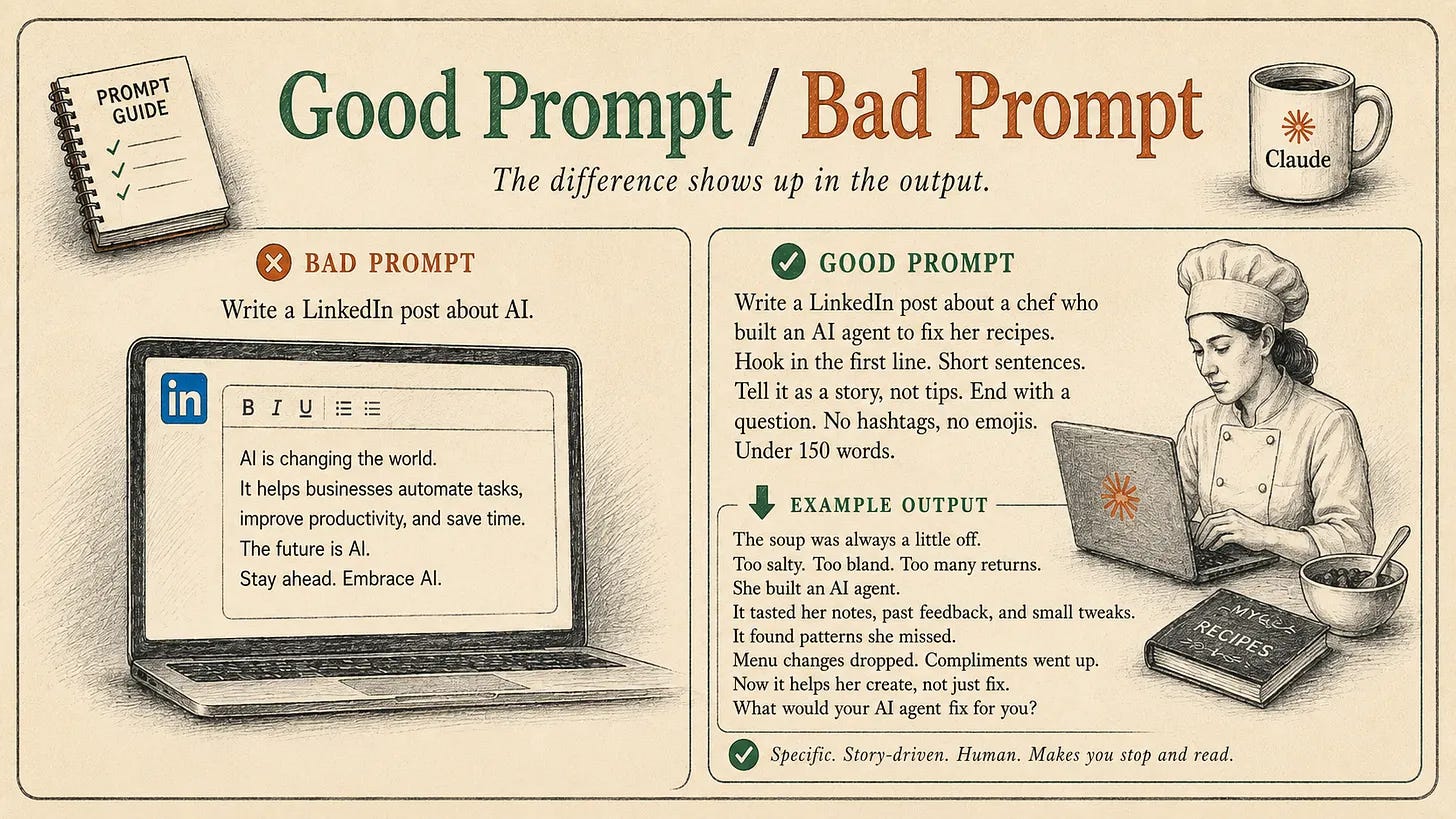Good prompt versus bad prompt example showing how clearer instructions improve AI output