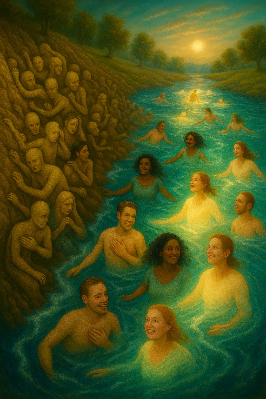 A surreal painting of faceless, muted figures clinging to a rocky riverbank while others release their grip and drift into the glowing river. As they let go, their forms transform into vibrant, diverse human beings, smiling, radiant, and free, floating together in calm, luminous waters beneath a golden sky.