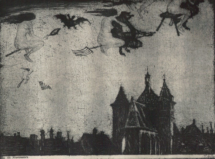 Dark etching of women and devils flying on brooms with bats, over a moody black town skyline Dark etching of women and devils flying on brooms with bats, over a moody black town skyline