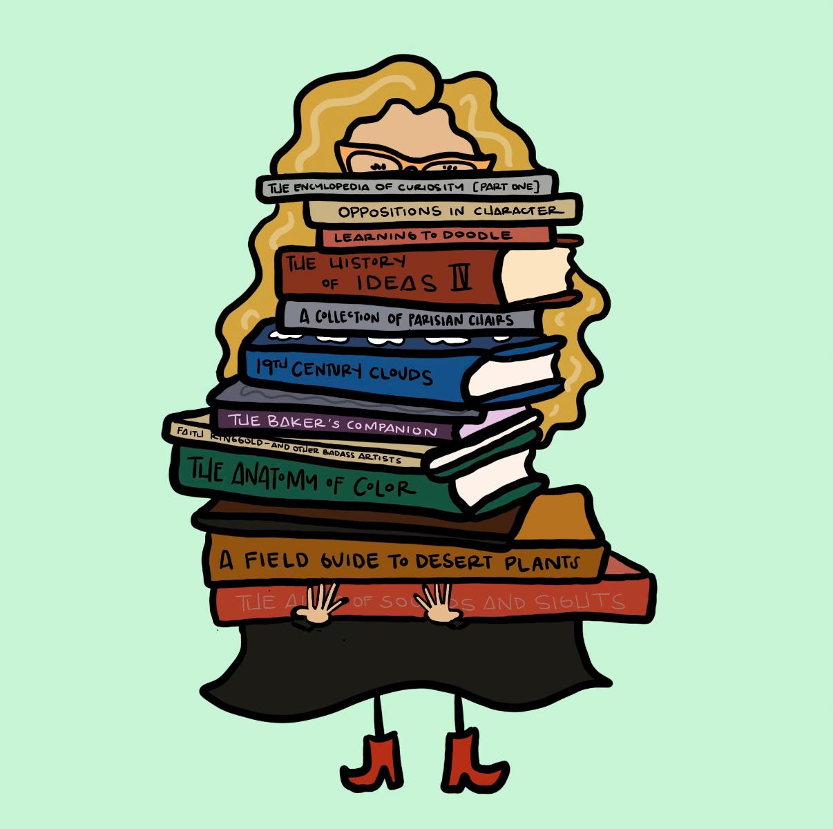 An illustration of Amy (a woman with long, long curly hair and orange glasses) carrying a tall stack of books of different colors on a green background.