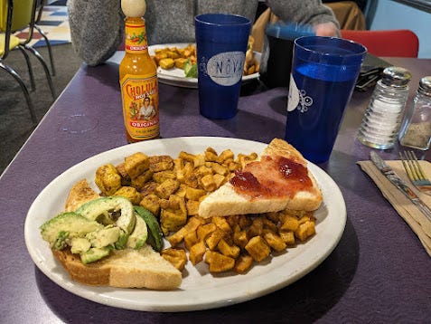 sitting down to vegan brunch plates