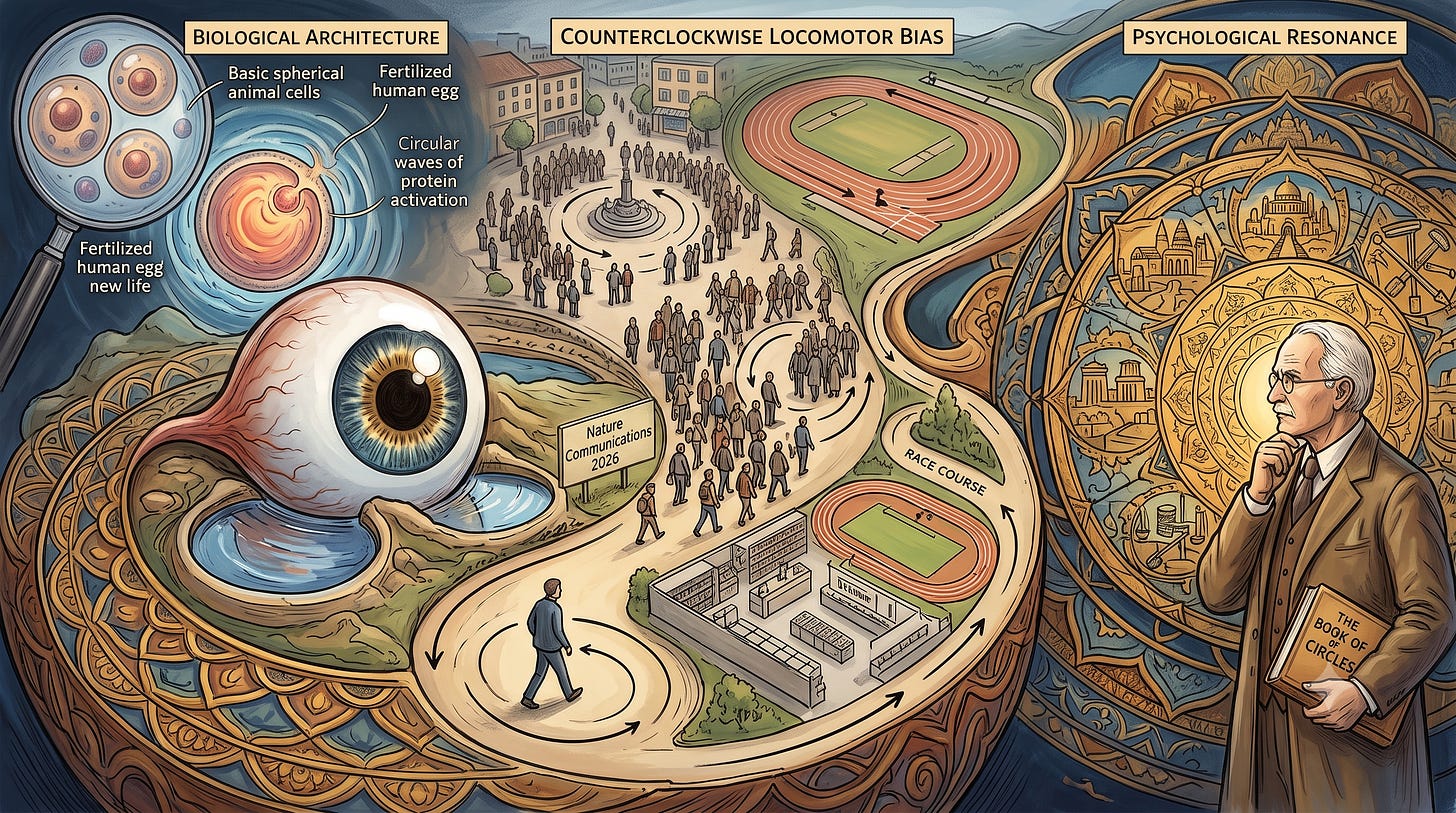 A surreal, detailed illustration showing the circular ideal in human life, featuring a giant human eyeball, microscopic cells, a crowd of pedestrians walking in a counterclockwise loop, and a psychologist contemplating a large mandala. A surreal, detailed illustration showing the circular ideal in human life, featuring a giant human eyeball, microscopic cells, a crowd of pedestrians walking in a counterclockwise loop, and a psychologist contemplating a large mandala.