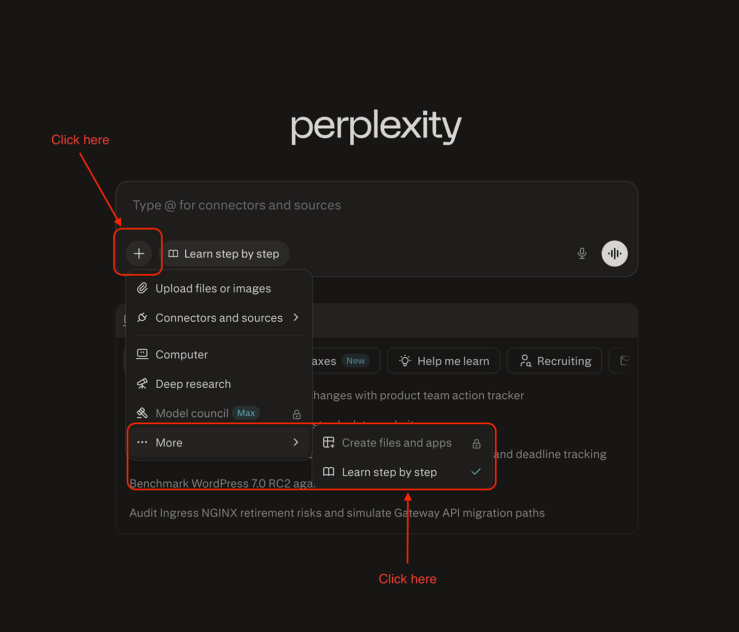 Perplexity input bar with “+” menu open, showing “More” expanded with “Learn step by step” option highlighted