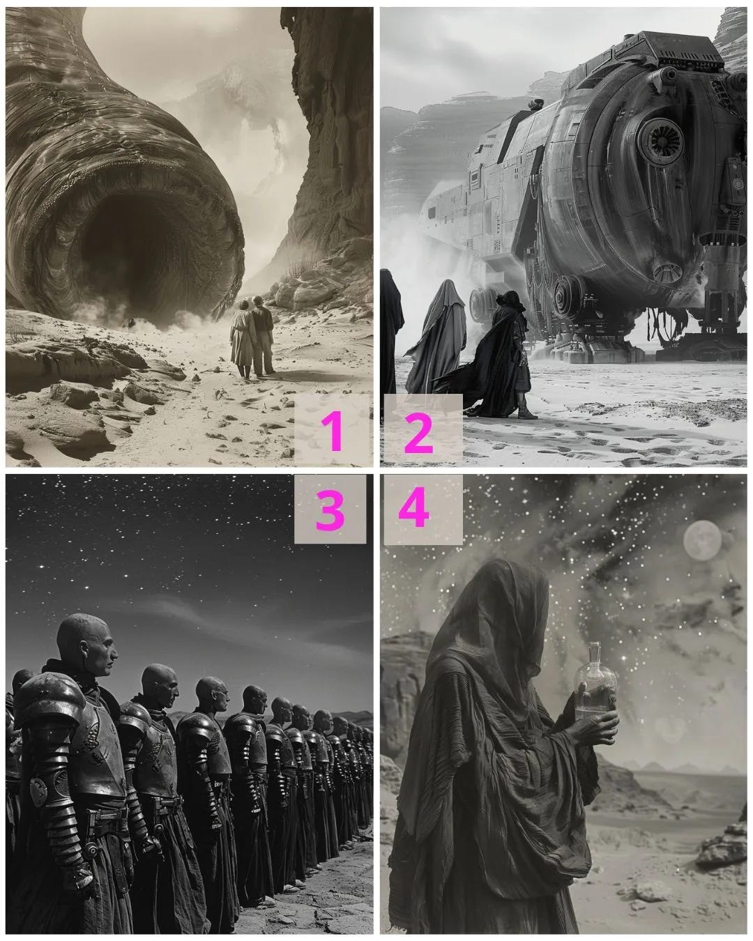 4 exemplos de imagem do Duna no Midjourney com estilo retrô