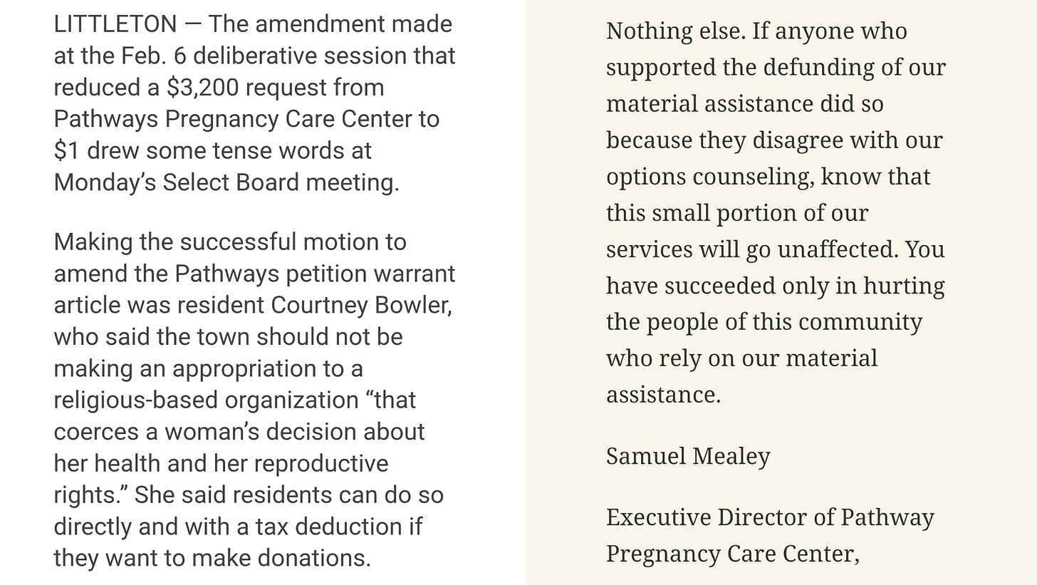 Newspaper report of Littleton town meeting and Mealey response