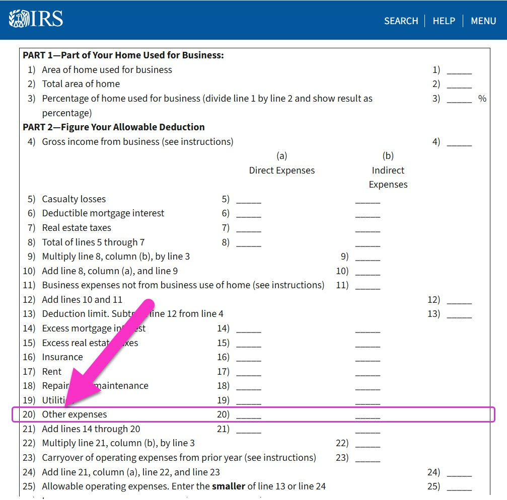IRS Worksheet F with pink annotation calling out the "Other Expenses" field. IRS Worksheet F with pink annotation calling out the "Other Expenses" field.