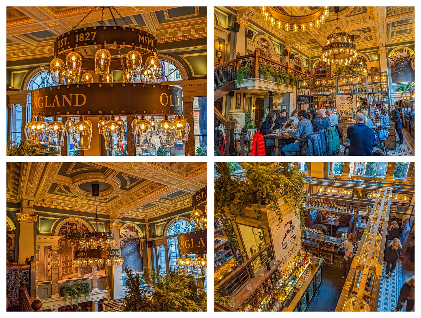 A collage of four photos showing the lavish interior including a close up of a chandelier reading "Old Bank of England," as well as photos of the ornate ceiling and patrons seated at tables. 