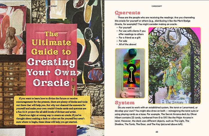 Preview of pages in Cardcraft: An Oracle Timeline and 3 examples of oracles I've created; Witch Scouts: The Story of the Merit Badge Oracle' and the beginning of The Ultimate Guide to Creating Your Own Oracle