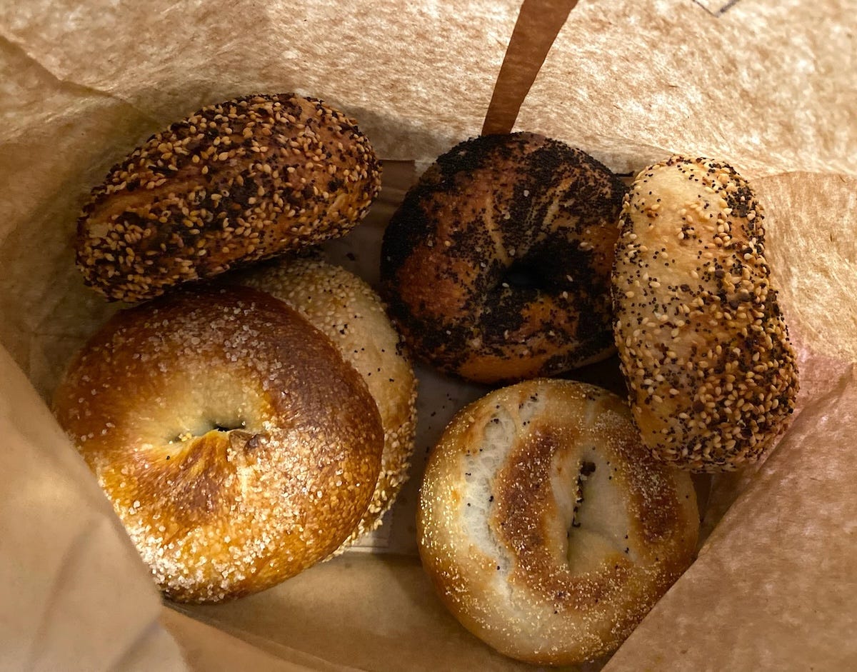 Two everything, a plain, a sesame, a salt, and a salt poppy.