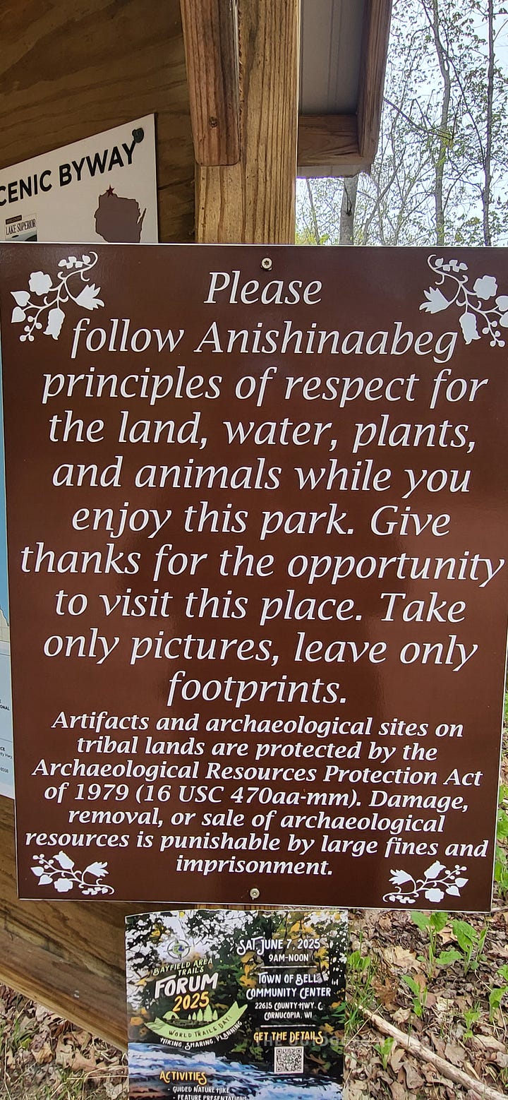 A side-by-side gallery of two photographs highlighting Anishinaabe presence. The first shows an interpretive educational sign in the park entrance detailing the Anishinaabeg principles of respect for the land, animals, and plants. The second shows a towering, mature hemlock tree next to a wooden trail sign displaying both its English and Anishinaabe name (Gaagaagiwanzh).