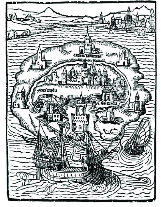 This black-and-white image reproduces the woodcut map of the island of Utopia that appeared in first-edition printings of Sir Thomas More's 1516 book Utopia. This black-and-white image reproduces the woodcut map of the island of Utopia that appeared in first-edition printings of Sir Thomas More's 1516 book Utopia.