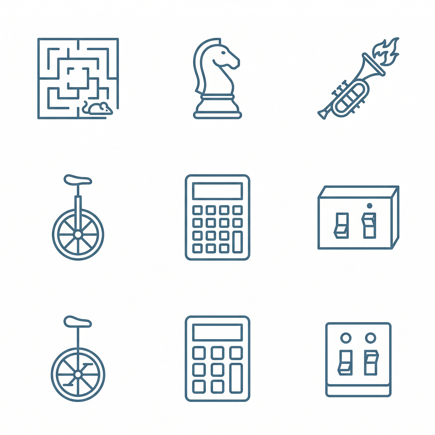 Shannon's inventions: maze mouse, chess piece, trumpet, unicycle, calculator, toggle box