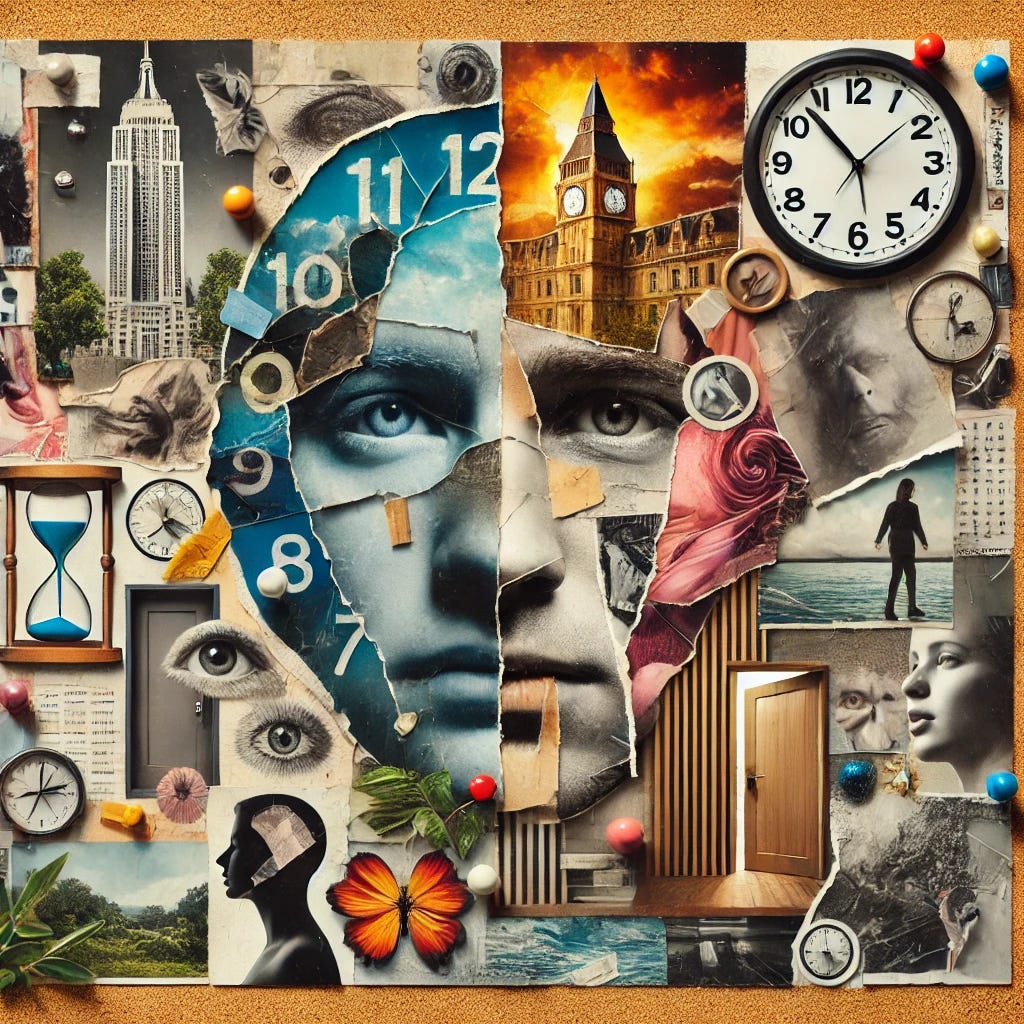 A chaotic conceptual collage styled as magazine clippings on a corkboard. The composition includes cut-out realistic images of people, urban and natural scenes, emotional expressions, clocks, doors, and contrasting elements that symbolize duality and inner conflict. Torn edges, uneven layering, and visible tape or pins create a handmade, spontaneous feel. The imagery should feel disordered but intentional, with a mix of vibrant and muted colors to reflect emotional contrast—hope and despair, serenity and stress, expectation and disappointment. The overall effect is dynamic and symbolic, like a visual mind-map of thoughts and feelings.