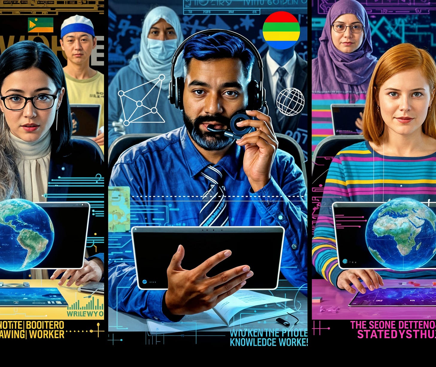 Futuristic image of knowledge workers from around the global collaborating using fictional translation language models in the year 2035.