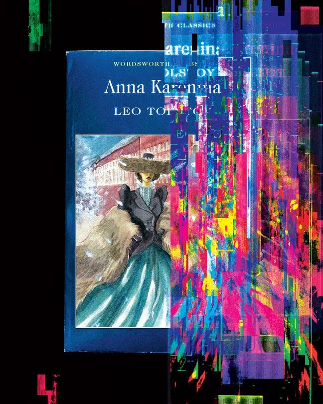 illustration with cover of book 'Anna Karenina' disintegrating into digital noise on black background illustration with cover of book 'Anna Karenina' disintegrating into digital noise on black background