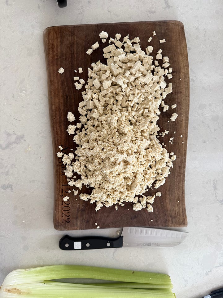 how to cut block of tofu, crumble and chop for best texture