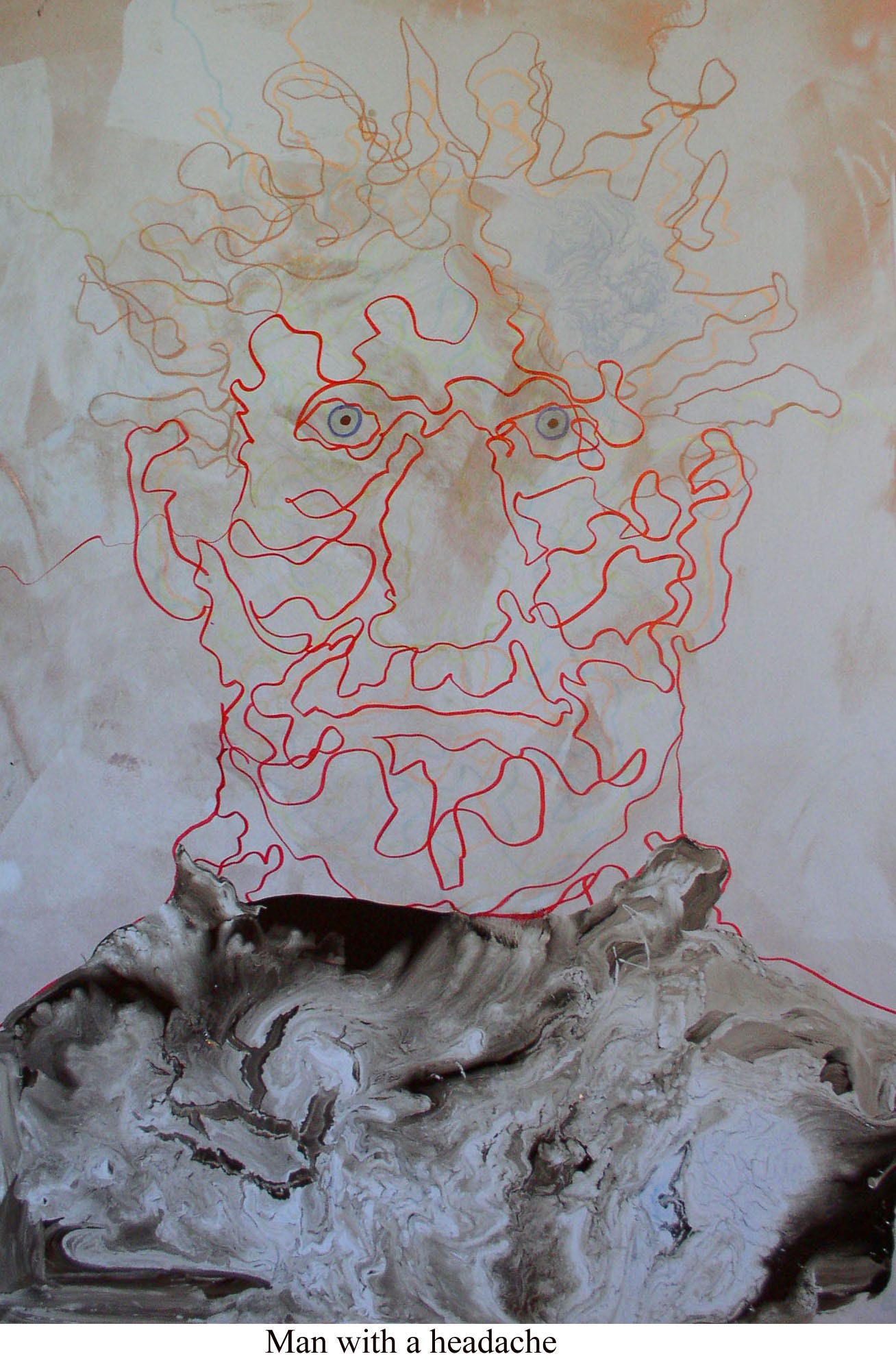 spare face of red magic marker lines against brownish background, shoulders in mottled black and gray