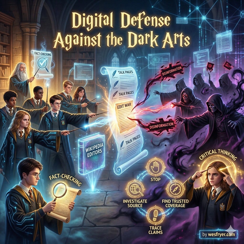 An AI-generated, Harry Potter-themed illustration titled "Digital Defense Against the Dark Arts" depicts a battle between students and dark figures over the integrity of information. On the left, students dressed as wizards use glowing wands and magnifying glasses to perform fact-checking and manage Wikipedia edit wars, while a wizard resembling Dumbledore oversees the process. On the right, hooded, skeletal figures cast dark spells labeled disinformation. In the foreground, a student focuses on critical thinking, surrounded by a golden "SIFT" methodology icon cycle: Stop, Investigate source, Find trusted coverage, and Trace claims.