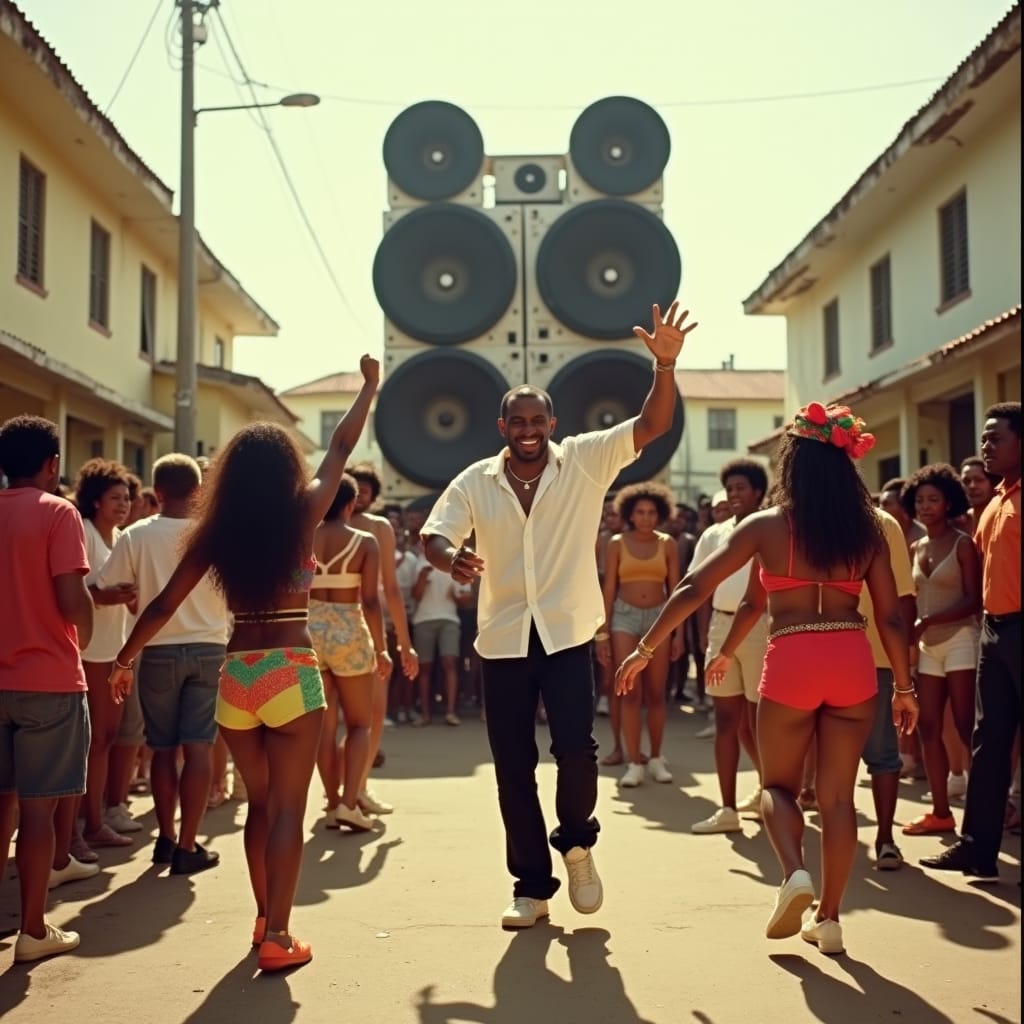 1990s Jamaican street scene with Yardie vibes: a lively crowd dances to reggae, a man in the center and a woman in short ‘batty rider’ shorts wining on the ground. A powerful sound system with four speaker stacks blasts dub beats, while a DJ crew spins vinyl at the turntables. The energy is electric, capturing the essence of a Jamaican dancehall block party.