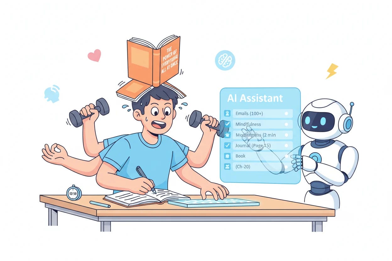 Man doing many things and a robot calmly looking at a checklist