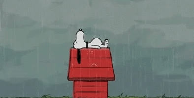 Gif animé Snoopy allongé sur le dos, sur le toit de sa niche, sous la pluie.