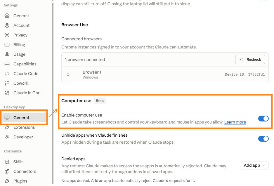 Claude Desktop settings page with Desktop app > General selected, showing "Computer use Beta" section with "Enable computer use" toggle highlighted in orange Claude Desktop settings page with Desktop app > General selected, showing "Computer use Beta" section with "Enable computer use" toggle highlighted in orange