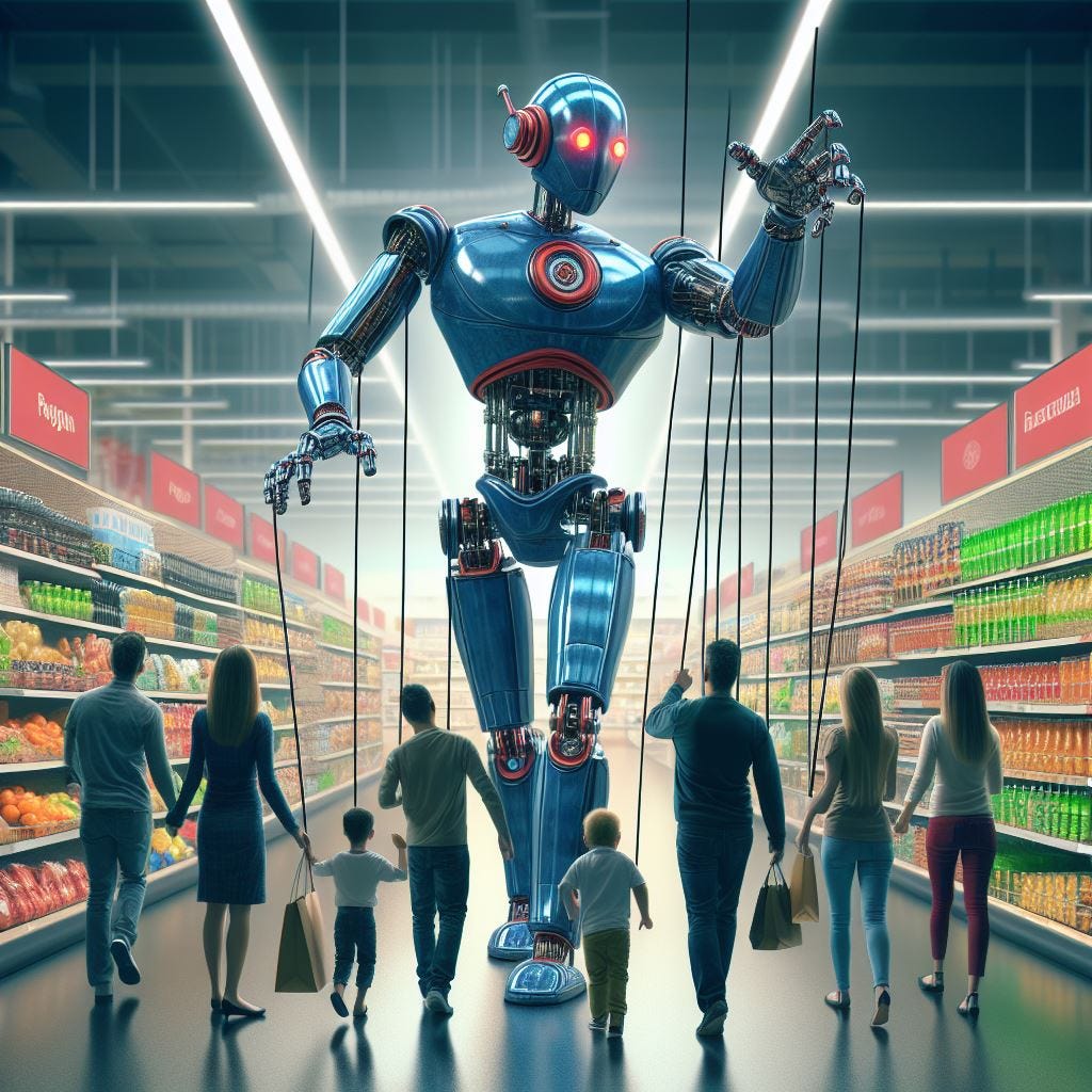 Robot controlling people as puppets in a supermarket
