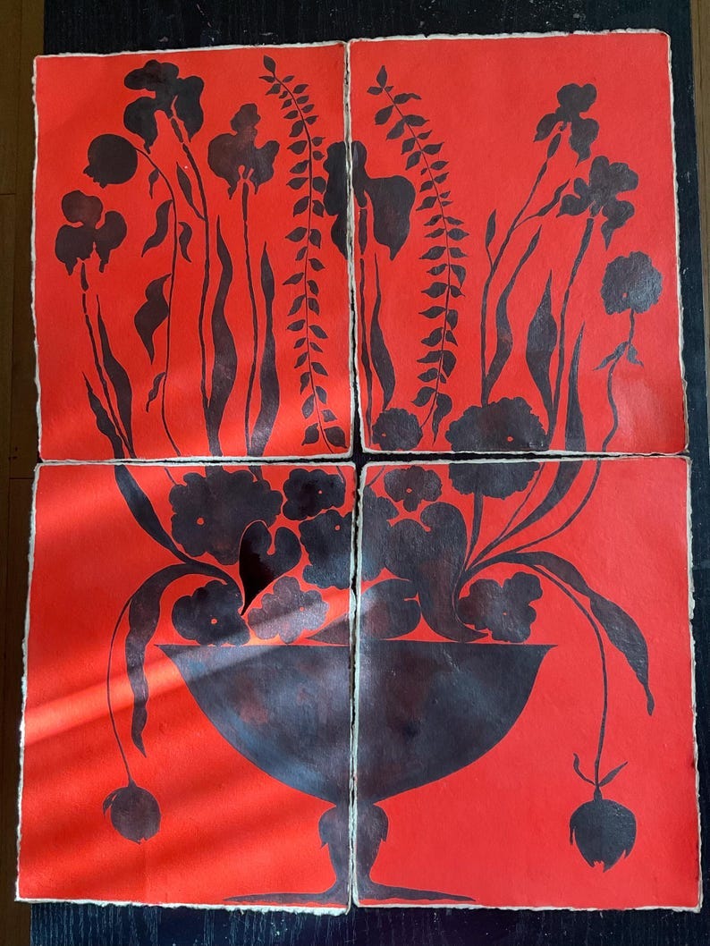 May include: Four rectangular sheets of paper with deckled edges, arranged in a grid. Each sheet features a vibrant red background with black ink illustrations of various flowers, stems, and leaves, including a central vase design on the bottom two.