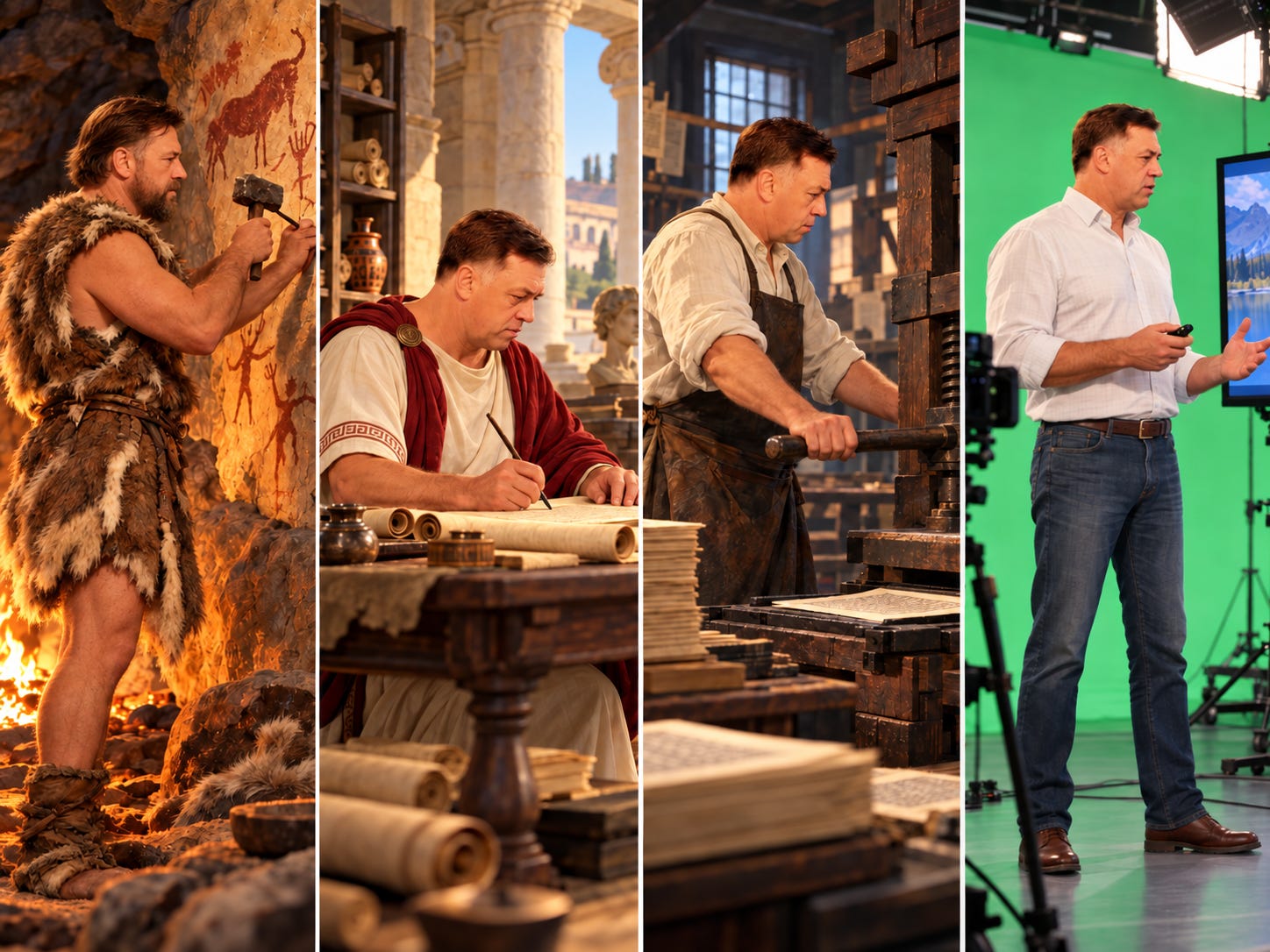 Caveman with hammer and chisel → ancient scribe → Gutenberg pressman → modern green-screen presenter.
