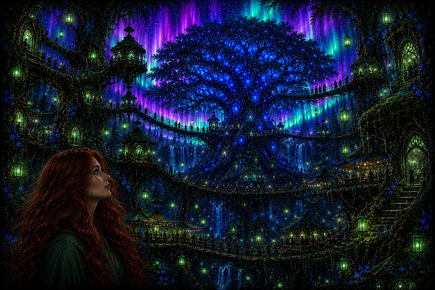 Angelika looking upwards to the tree house village.