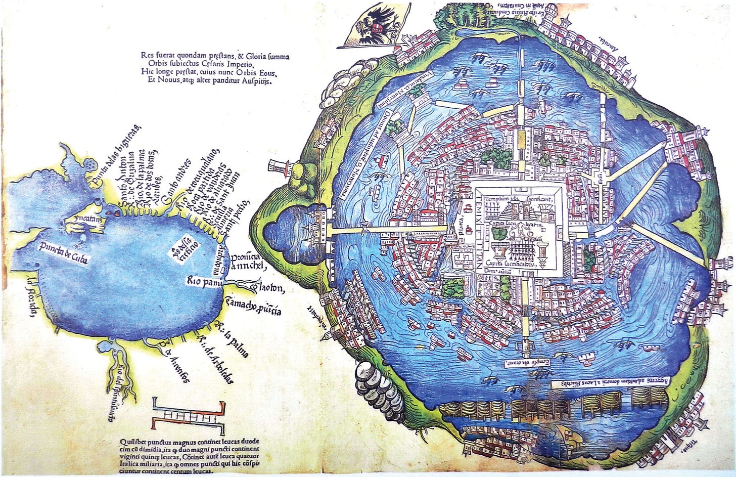 An old map of Tenochtitlán showing Lake Texcoco surrounding the city. (Photo by Travis S.) An old map of Tenochtitlán, site of Mexico City, shows Lake Texcoco surrounding the city. (Photo by Travis S.)