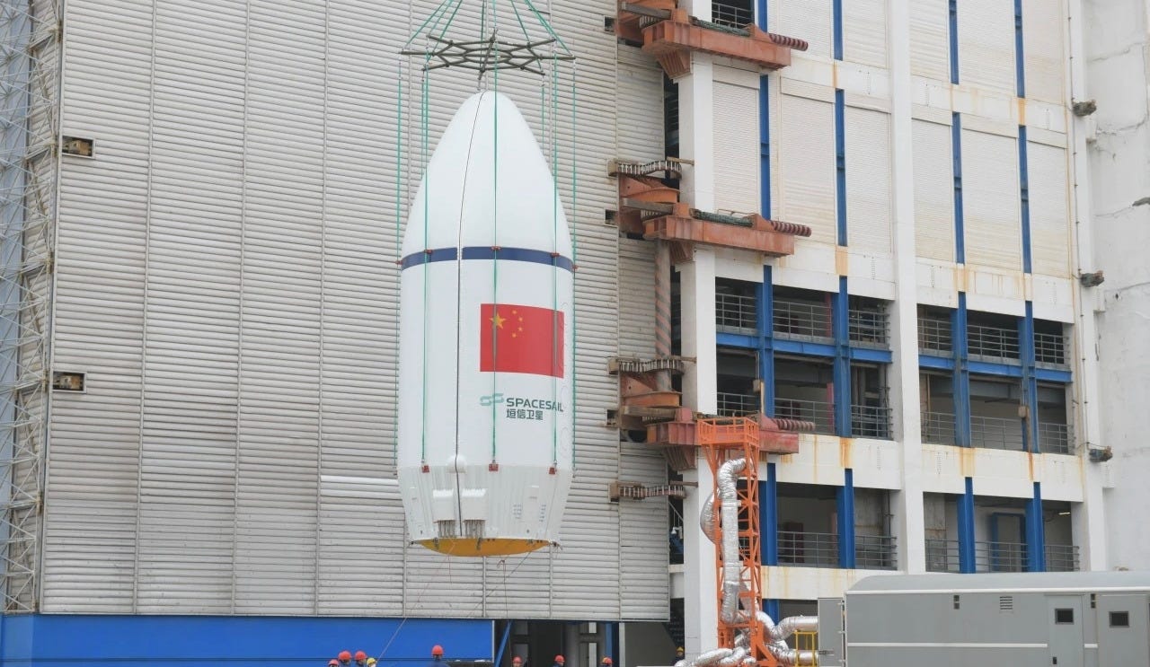 A Long March 6A fairing with 18 Qianfan satellites inside being lifted onto Launch Complex 9A at the Taiyuan Satellite Launch Center in October 2025. A Long March 6A fairing with 18 Qianfan satellites inside being lifted onto Launch Complex 9A at the Taiyuan Satellite Launch Center in October 2025.
