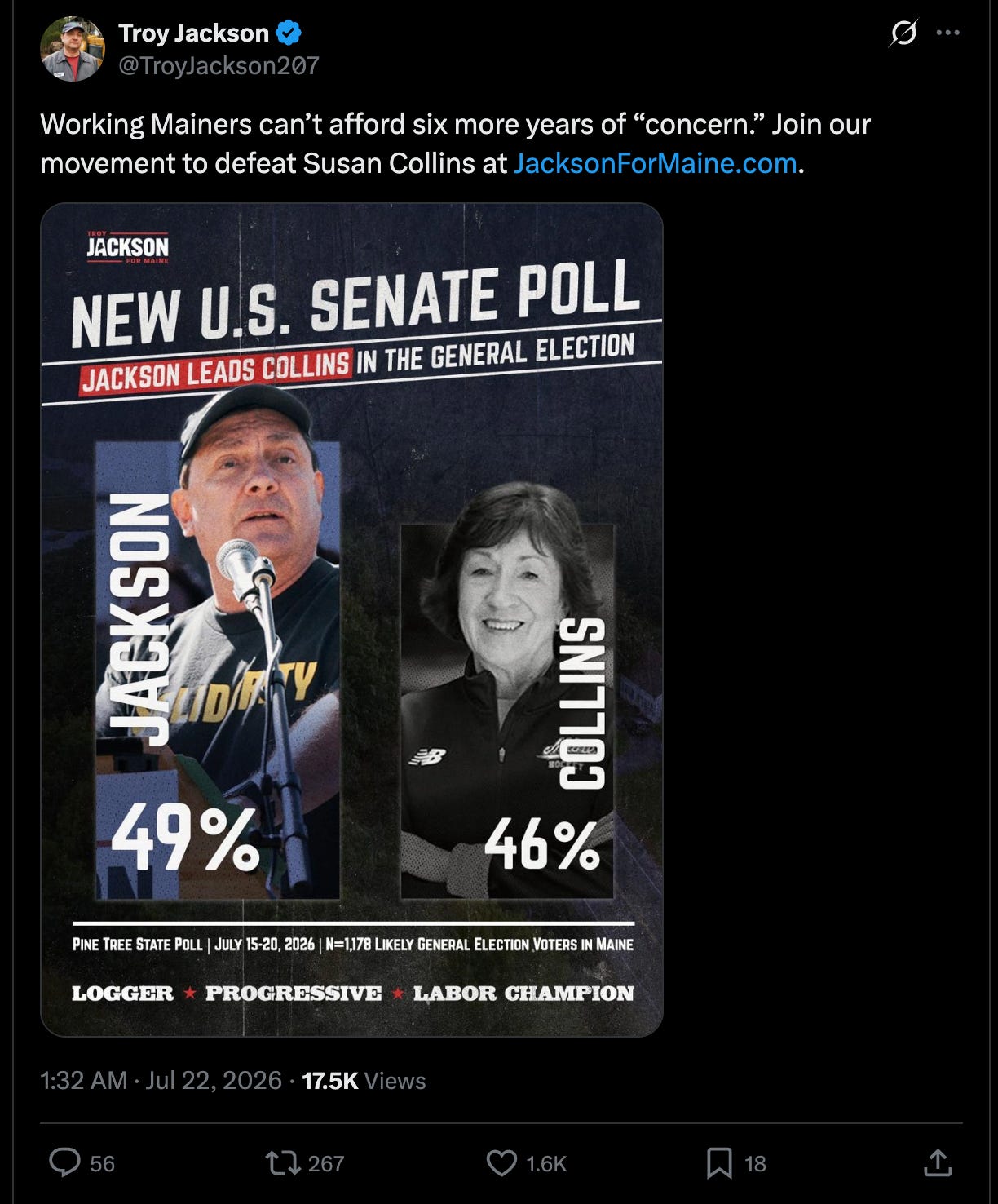 Jackson: Working Mainers can’t afford six more years of “concern.” Join our movement to defeat Susan Collins at http://JacksonForMaine.com. Jackson: Working Mainers can’t afford six more years of “concern.” Join our movement to defeat Susan Collins at http://JacksonForMaine.com.