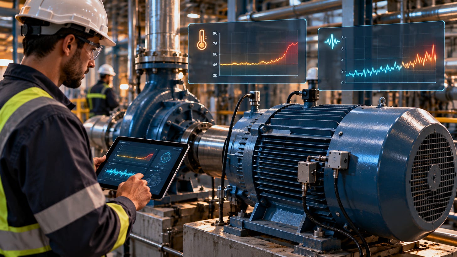 Engineer monitoring motor temperature and vibration anomalies in an industrial plant. Engineer monitoring motor temperature and vibration anomalies in an industrial plant.