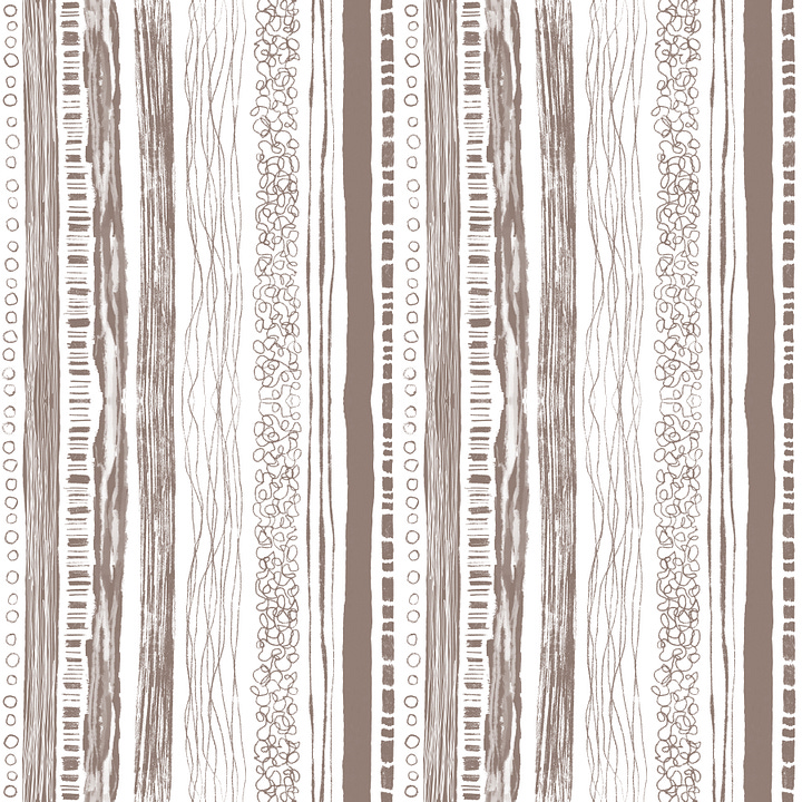 Five patterns, one half-drop damask with forest flora and fauna and in a moccha mousse palette, one scattered repeat with forest flora and fauna in a darker brown palette, including moccha mouse, one bright pattern of trees, one cheater quilt block in a blue-grey and one hand-drawn stripe in brown.