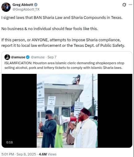 Texas Governor Greg Abbott quickly responded, saying he signed laws banning "Sharia Law" and "Sharia Compounds" in Texas. Texas Governor Greg Abbott quickly responded, saying he signed laws banning "Sharia Law" and "Sharia Compounds" in Texas.