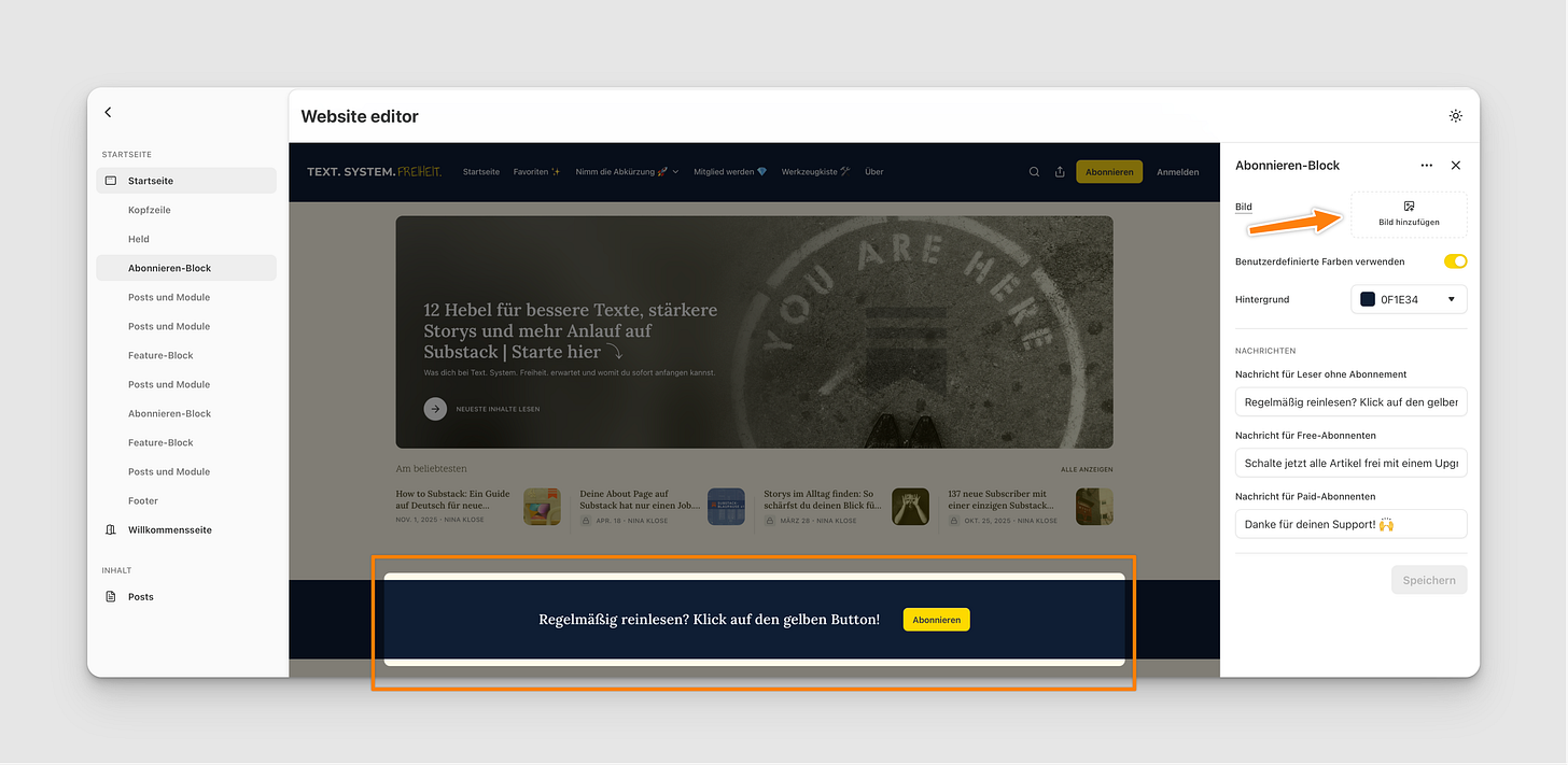Screenshot des Substack Website-Editors mit Abonnieren-Bock Screenshot des Substack Website-Editors mit Abonnieren-Bock