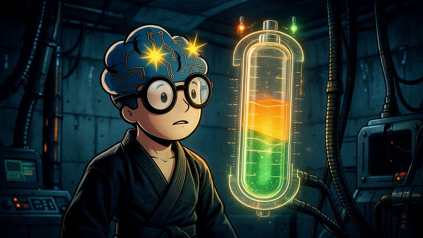 Illustration de style bande dessinée montrant GMIND-BOY en judogi observant une grande jauge d'énergie holographique lumineuse dans une salle de contrôle souterraine.