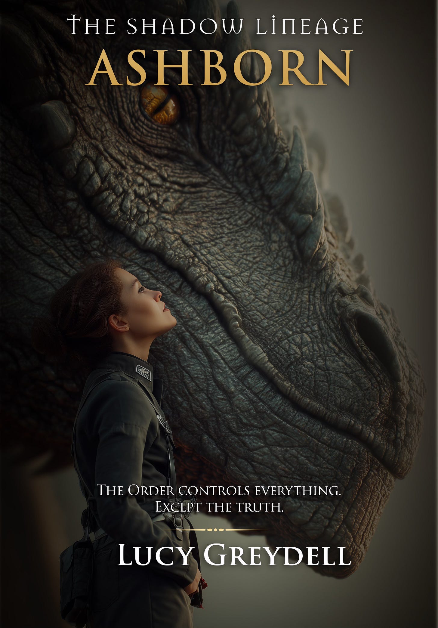 A dark fantasy-style book cover for The Shadow Lineage: Ashborn by Lucy Greydell. A young woman in a dark military-style uniform stands in profile, looking upward beside the enormous face of a dragon with textured black scales and a glowing amber eye. The dragon’s head fills most of the background, creating a sense of scale, protection, and latent danger. The title “ASHBORN” appears in large gold lettering at the top, with the tagline: “The Order controls everything. Except the truth.” The overall atmosphere is cinematic, moody, and dramatic, with soft shadowed lighting and muted tones. A dark fantasy-style book cover for The Shadow Lineage: Ashborn by Lucy Greydell. A young woman in a dark military-style uniform stands in profile, looking upward beside the enormous face of a dragon with textured black scales and a glowing amber eye. The dragon’s head fills most of the background, creating a sense of scale, protection, and latent danger. The title “ASHBORN” appears in large gold lettering at the top, with the tagline: “The Order controls everything. Except the truth.” The overall atmosphere is cinematic, moody, and dramatic, with soft shadowed lighting and muted tones.